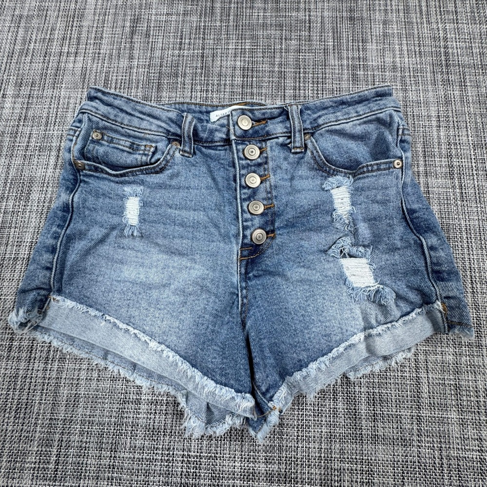 Altar'd State Womens Denim Shorts 27 Distressed Button Fly Raw Hem Medium Wash